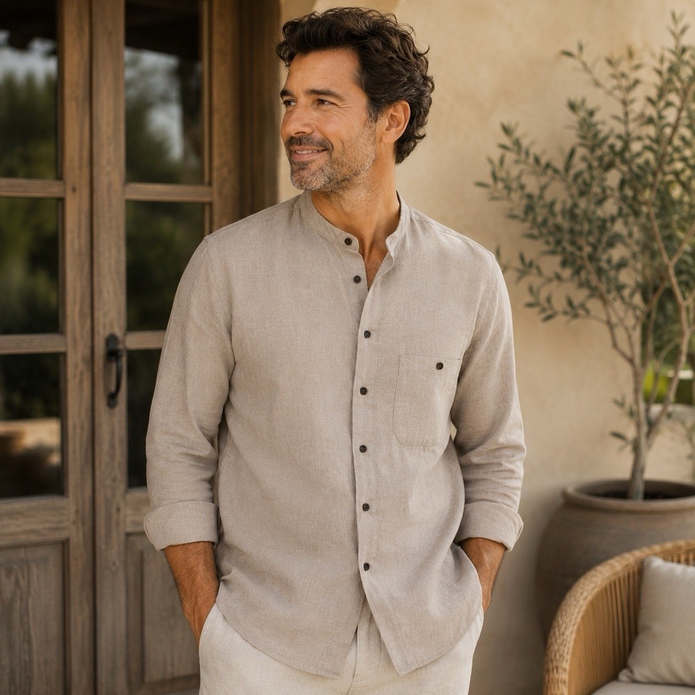 Alfani Tan Linen Blend‎ Buttondown Coastal Luxury Minimalist Size 15 32-33